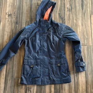 Navy Hooded Rain Jacket with Orange Lining